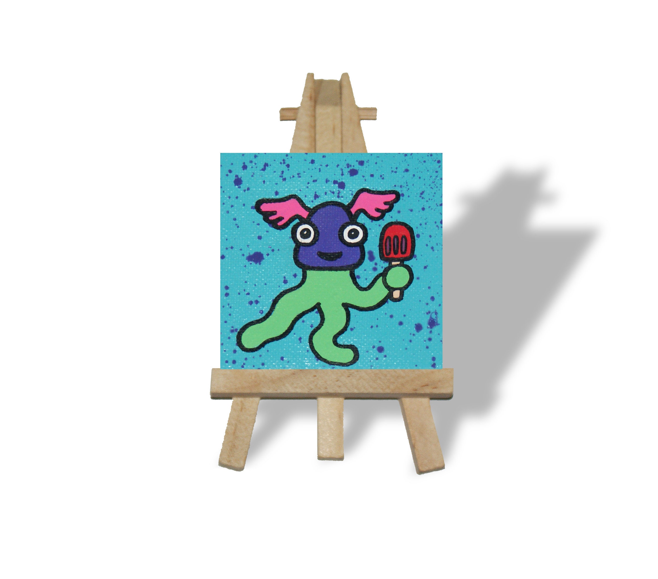 Floating Squid -  Original, Painted, Graffiti, Canvas. With Mini Easel. Urban Pop, Art. Cute, Vibrant, Bold, Graff, happy,