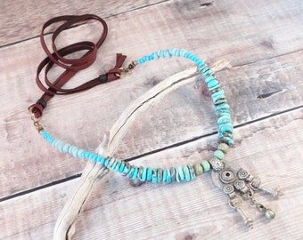 Elegant, Adjustable, Beaded Handmade Necklace, Turquoise Boho, Southern Style Necklace, Turquoise Leather, Collier, Yeelen Spirit Designs