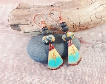 Gorgeous, Leightweight, Handmade Enamel, Earrings, Black Lava, Gemstone, Artisan Lampwork, Elegant, Gift For Them, Yeelen Spirit Designs,