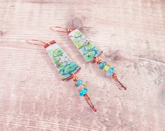 Nenuphar, Colorful, Elegant, Spring Inspired, Waterllily, Handcrafted Copper Earrings, Nature Art, Enamel Earrings, Yeelen Spirit Designs