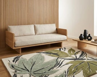 Oversized Tropical Leaf Rug | Handmade Tufted Botanical Area Rug | Sage Green & Olive Monstera Carpet | Modern Organic Living Room Decor