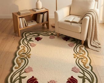 Vintage Tulip Floral Border Rug | Handmade Tufted Wool Area Rug | Scalloped Botanical Carpet | Cottagecore Bedroom & Living Room Decor
