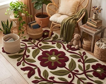 Handmade Burgundy Floral Tufted Rug, Vintage Botanical Area Rug, Cottagecore Flower Carpet, Cream Wool Living Room & Bedroom Rug