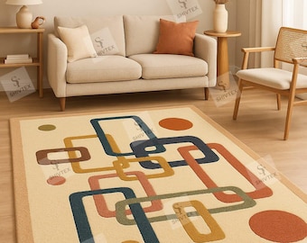 Handmade Mid-Century Modern Geometric Rug – Ivory Navy or Multi-Color