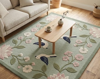 Handgefertigter Teppich mit Vogel & Lotus Blumenmuster, Gänseblümchen-Teppich, Cottagecore Botanischer Teppich für Kinderzimmer, Schlafzimmer, Wohnzimmer