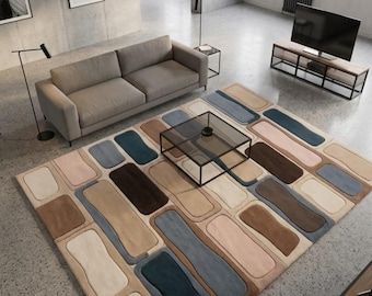 Handgetufteter moderner Geometrischer Teppich, Abstrakter Blockmuster Wollteppich, Neutraler Beige Blauer Wohnzimmerteppich, Minimalistischer Handgefertigter Teppich