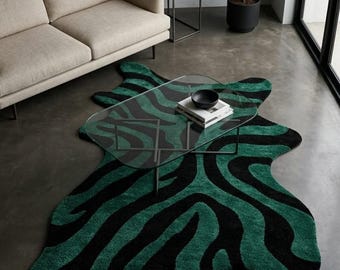 Emerald Zebra Wave Rug – Irregular Abstract Tufted Rug, Modern Organic Shape Statement Carpet