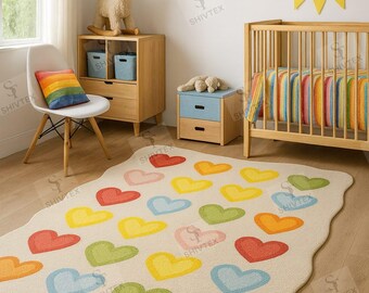 Rainbow Hearts Kids Rug – Colorful Playroom Carpet for Modern Nursery & Bedroom