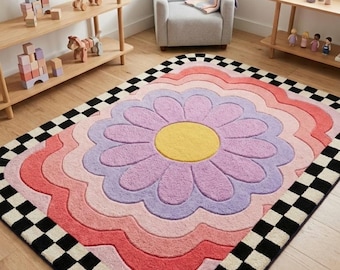 Retro Daisy Flower Rug, Checkerboard Border Tufted Area Rug, Pastel Pink Lavender Floral Carpet, Funky Boho Nursery & Living Room Decor