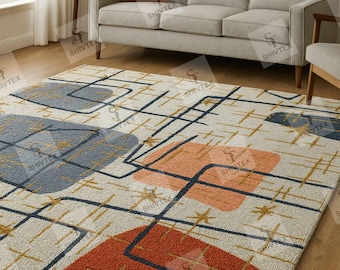 Mid-Century Modern Wool Rug | Geometric Orange, Blue & Beige