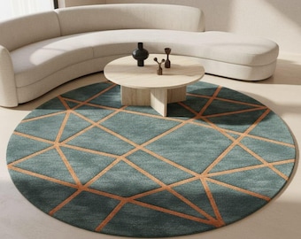 Teal & Terracotta Wool Round Rug – Modern Geometric Carpet