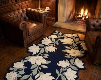 Luxury Navy Blue Floral Tufted Rug, Handmade Magnolia & Rose Area Rug, Irregular Botanical Wool Carpet, Statement Living Room Rug