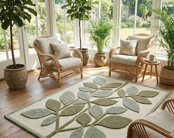 Sage Green Botanical Leaf Rug, Handmade Tufted Wool Area Rug, Modern Nature Inspired Carpet, Living Room & Bedroom Decor, Custom Size Rug