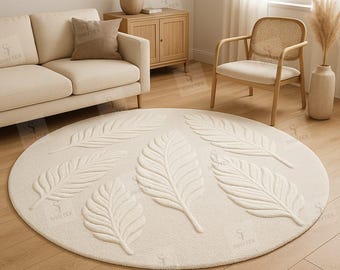 Textured Ivory Leaf Round Rug – 3D Embossed Modern Carpet for Living Room & Bedroom