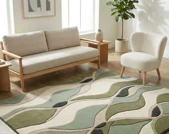 Handmade Sage Green Abstract Wool Rug, Modern Organic Area Rug, Tufted Living Room Carpet, Contemporary Botanical Rug, Custom Size Rug