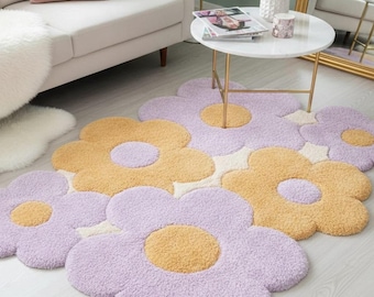 Pastel Daisy Bloom Tufted Rug – Irregular Floral Kids Room Carpet in Lilac & Mustard