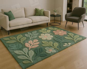 Green Floral Tufted Rug | 3D Botanical Carpet | Handmade Bloom Design for Modern Living Room