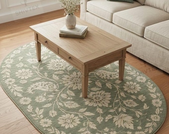 Hand-Tufted Wool Oval Rug – English Garden Sage Green Floral Carpet