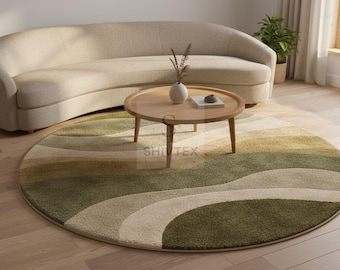 Sage Green Wave Round Rug – Hand-Tufted Wool Japandi Area Carpet