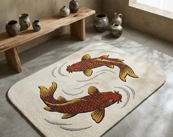 Hand Tufted Koi Fish Yin Yang Rug – Japanese Inspired Area Rug, Zen Carp Koi Carpet, Cream Wool Living Room Rug, Custom Handmade Accent Rug