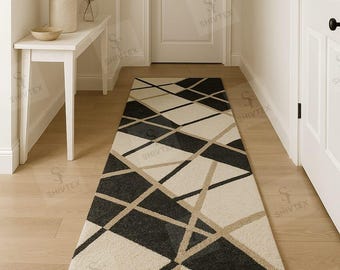 Modern Geometric Hallway Runner | Black & Beige Rug