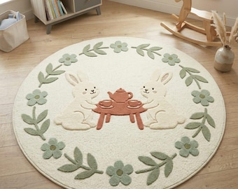 Woodland Bunny Tea Party Round Rug – Handmade Tufted Nursery Rug, Floral Rabbit Playroom Carpet, Cute Kids Room Decor, Baby Nursery Area Rug
