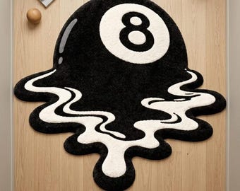 Hand Tufted Melting 8 Ball Rug – Black White Pool Carpet, Modern Gamer Decor