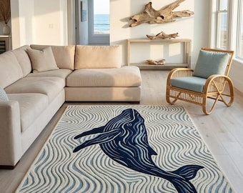 Blue Whale Area Rug | Handmade Ocean Inspired Tufted Carpet | Coastal Nautical Bedroom & Living Room Decor | Beach House Marine Rug