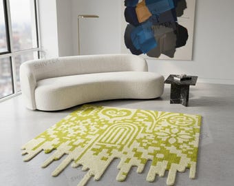 Lime Green Pixel Melt Rug – Modern Tufted Wool Area Rug