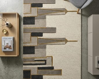 Modern Cityscape Tufted Wool Rug, Luxury Geometric Area Rug, Neutral Ivory Grey Gold Carpet,  Living Room Rug, Handmade Designer Floor Rug