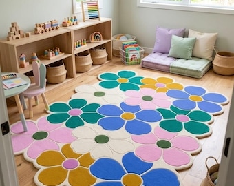 Large Floral Area Rug | Colorful Daisy Tufted Rug | Handmade Flower Carpet | Retro Boho Nursery Rug | Scandinavian Kids Room Decor