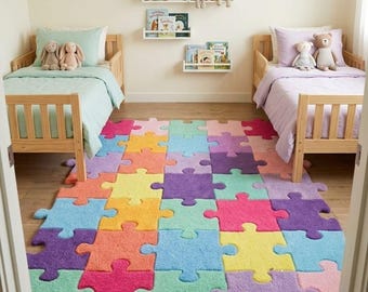 Colorful Puzzle Piece Rug | Handmade Pastel Kids Playroom Carpet | Rainbow Tufted Nursery Area Rug | Montessori Bedroom Decor