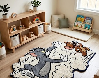 Tom & Jerry Chase Rug, Handmade Tufted Cartoon Area Rug, Kids Room Decor, Gaming Room Rug, Custom Character Rug