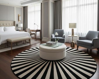 Black & Ivory Sunburst Round Rug – Modern Radial Striped Tufted Carpet – Statement Living Room Decor
