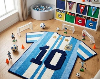 Argentina Jersey Rug #10 | Tufted Soccer Fan Carpet | Football Shirt Shaped Area Rug | Sports Room, Gaming Room & Fan Cave Decor