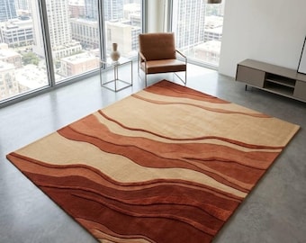 Terracotta Canyon Waves Rug, Handmade Tufted Wool Area Rug, Modern Abstract Beige & Rust Carpet, Contemporary Earth Tone Living Room Rug