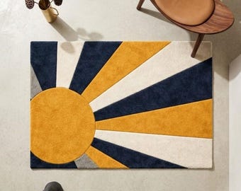 Hand-Tufted Sunburst Rug – Mustard Yellow, Navy Geometric Mid-Century Carpet