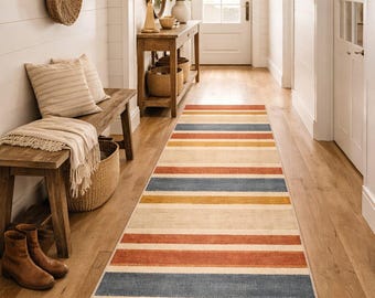 Hand-Tufted Striped Hallway Runner – Terracotta, Navy & Mustard Boho Rug