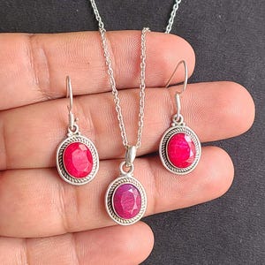 Ruby Corundum Oval Pendant Necklace and Earring Set, 925 Sterling Silver May Birthstone