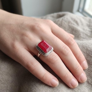 Natural Ruby Corundum RECTANGLE Shape 925 Silver Handmade Fine Ring For Gift All Size