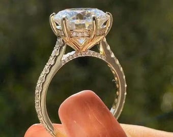 3CT Round Moissanite Wedding Ring Engagement Ring 10k Solid Gold Ring Hidden Halo Ring 3/4 Eternity Ring 6 Prong Ring Cathedral shank Ring