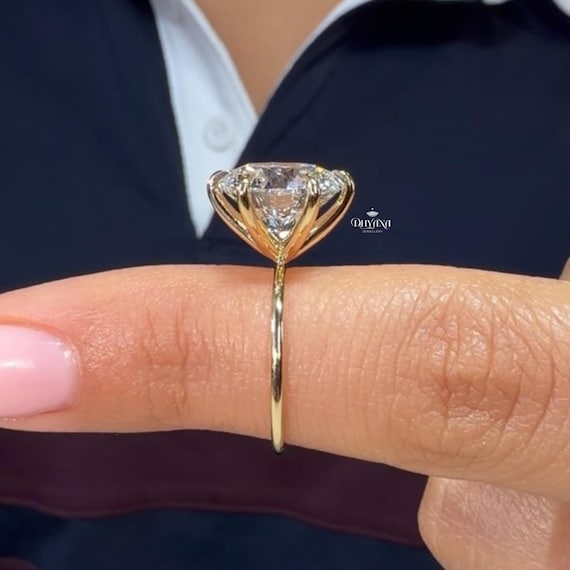 5 CT Colourless Round Cut Lab-Grown Diamond  Engagement Ring, 6 Prong Tube Shank, 14K Yellow Gold, 925 Sterling Silver Wedding Ring For Her