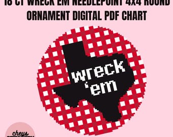 Texas Tech Inspired Needlepoint Chart, Wreck 'Em TTU, 4x4 Round (PDF Download)