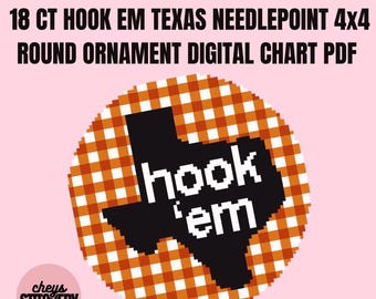 Hook Em Texas Inspired Needlepoint Chart, UT Austin, 4x4 Round (PDF Download)