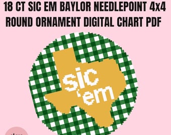 Sic Em Baylor Inspired Needlepoint Chart, 4x4 Round Ornament (PDF Download)