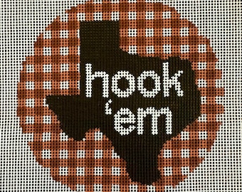 Hook 'Em University of Texas Inspired Needlepoint Canvas, Hand Painted Ornament (4x4 Design, 7x7 Canvas)