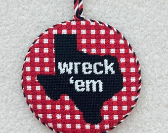 Texas Tech Inspired Needlepoint Canvas, 18 Count, Wreck Em Ornament, Hand Painted 4x4