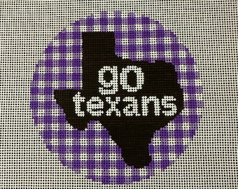 Tarelton State University Go Texans Inspired Hand-Painted Needlepoint Canvas Ornament, 4x4 Round TSU