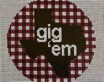 Texas A&M Gig Em Inspired Hand-Painted Needlepoint Canvas Ornament (4x4 Design, 18 ct Canvas)