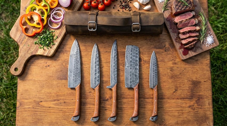 Ensemble de chef en acier damas, ensemble de chef damas forgé à la main, couteau de chef damas, couteau de cuisine, ensemble de couteaux pour barbecue en acier damas faits main cadeau HOMME image 2